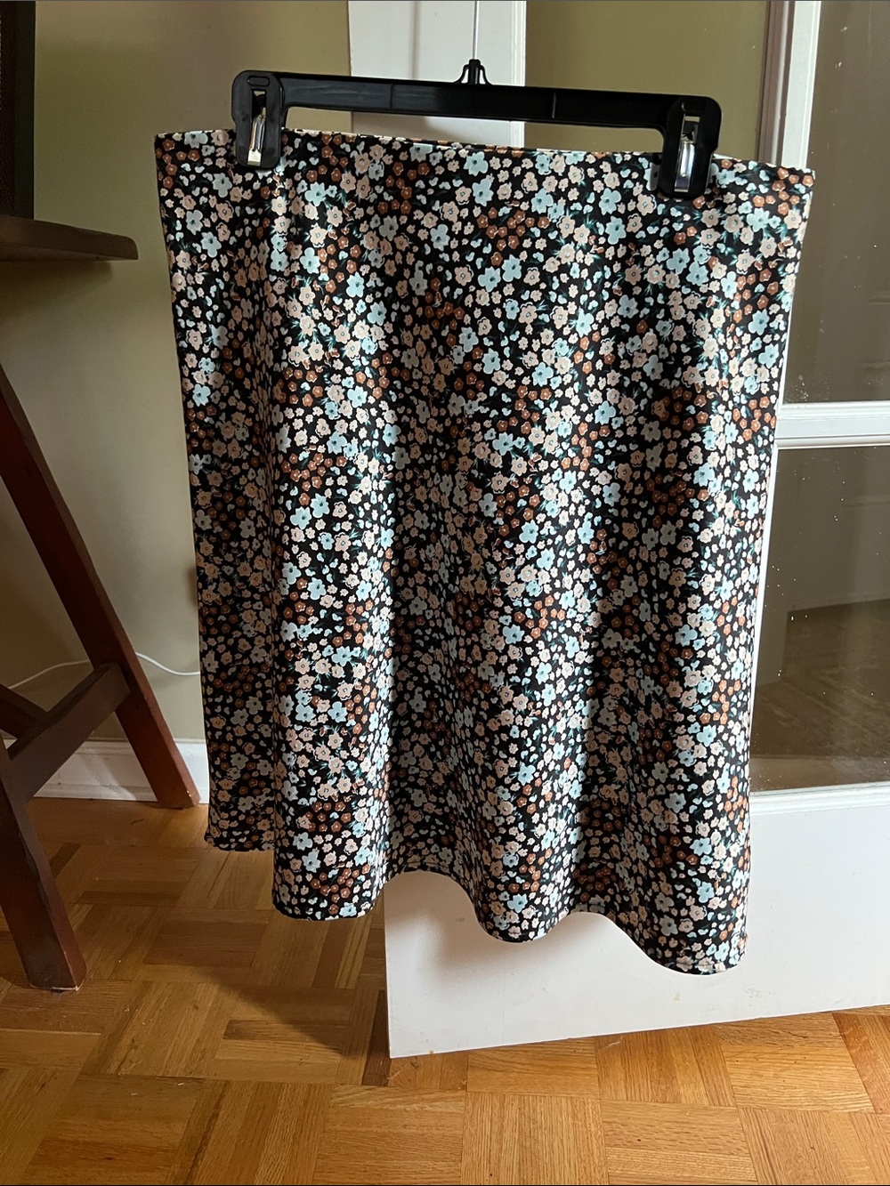LOFT Black Floral A-Line Midi Skirt with Brown & Light Blue Flowers